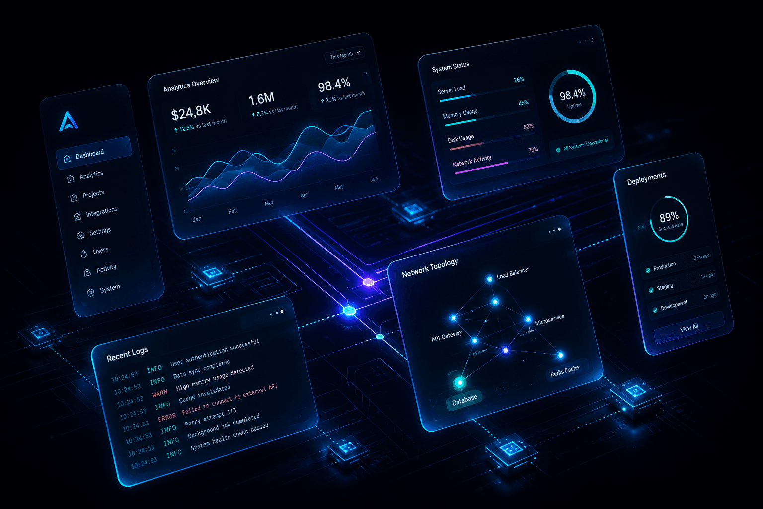 Floating holographic dashboards illustrating Amaniq Technologies software platforms